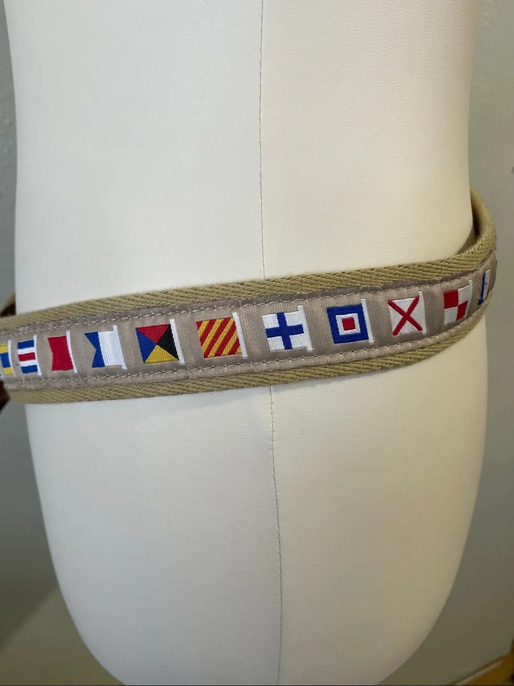 Nautical Flag Ribbon Canvas Leather Trim Belt Brass Buckle Size 38 USA Heritage